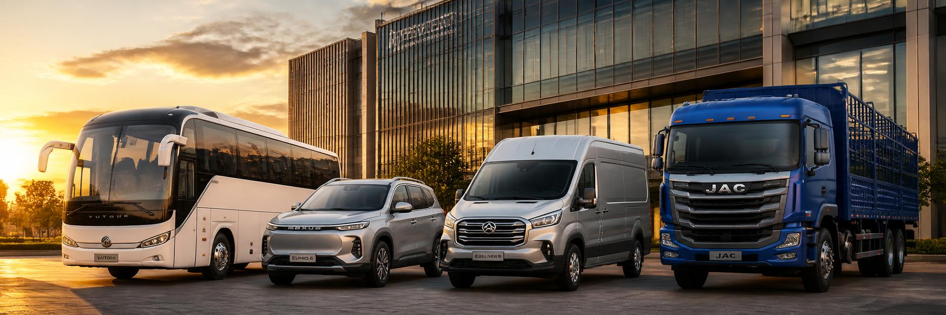 צי כלי הרכב של CHINA MOTORS: אוטובוס YUTONG, EUNIQ 6, מסחרית eDELIVER ומשאית JAC מול בניין נדלן מסחרי